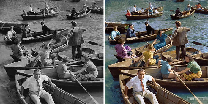 El lago de Central Park, Nueva York, en un domingo. Fotografiado por Marjory Collins en septiembre de 1942