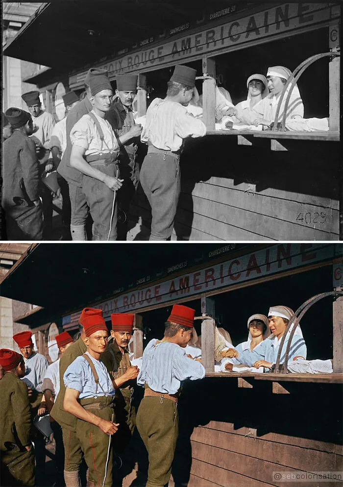 Trabajadoras estadounidenses sirviendo bocadillos a los fusileros argelinos en la cantina militar de la Cruz Roja Americana en Juvisy, 1918