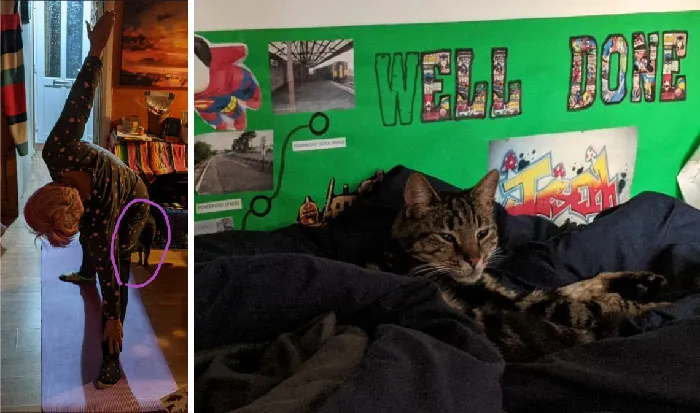 Not Our Cat, Assisting Me With A Charity Yoga Challenge And Getting Comfy In Our Son's Room. He's Called Zimba (The Cat, Not My Son). We Don't Feed Him But He Drops By For Tummy Rubs About 10 Times A Day