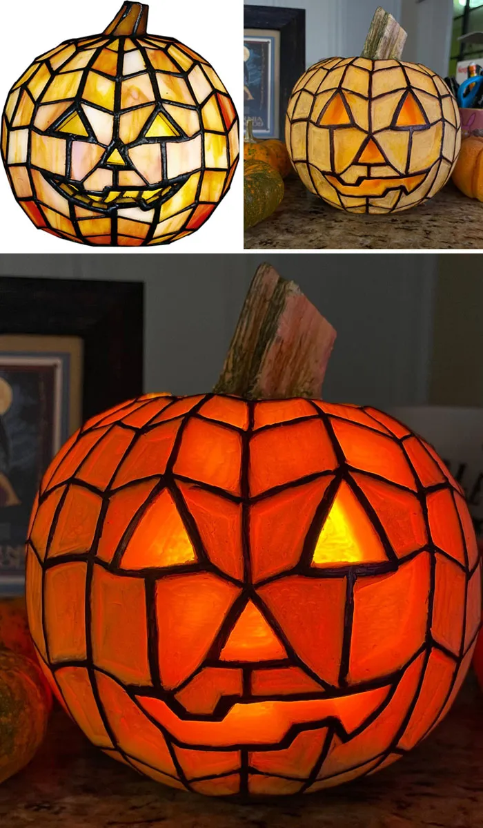 Esta es mi presentación a un concurso de tallado de calabazas en el trabajo. La primera imagen es una lámpara de cristal Meyda Tiffany, que fue mi inspiración. Me tomó casi 8 horas