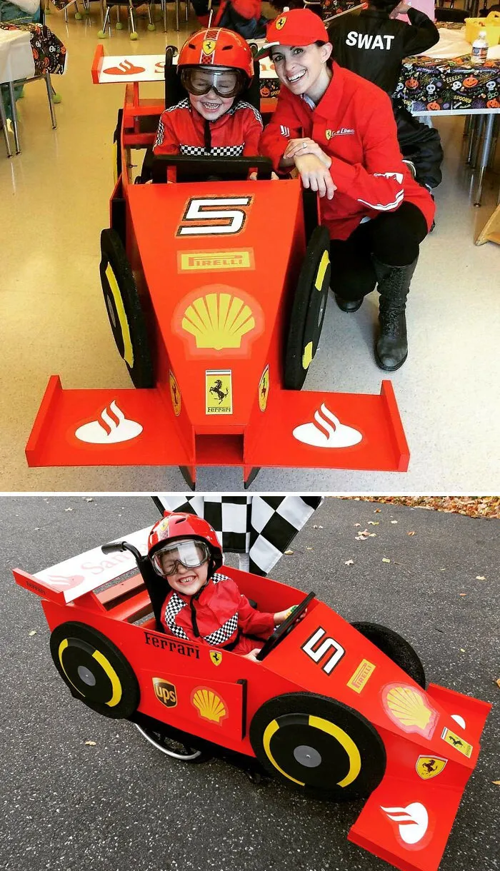 Sam, por supuesto, eligió ser Sebastian Vettel para Halloween. Hoy ha sido el primer estreno de su disfraz y no podría estar más contento