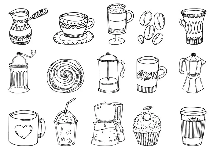 Hand-drawn coffee-themed illustrations including mugs, cups, pots, and beans used as drawing prompts for creativity.