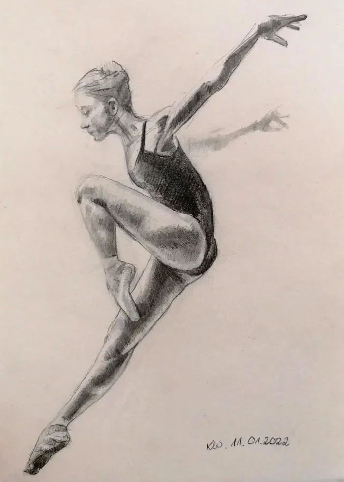 Sketch of a ballet dancer in mid-air, capturing dynamic movement, perfect for drawing prompts inspiration.