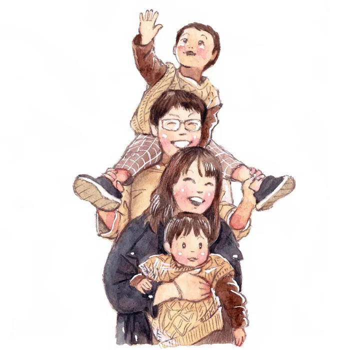 Family portrait in warm colors, featuring adults and children in a playful pose. Drawing prompts inspiration.