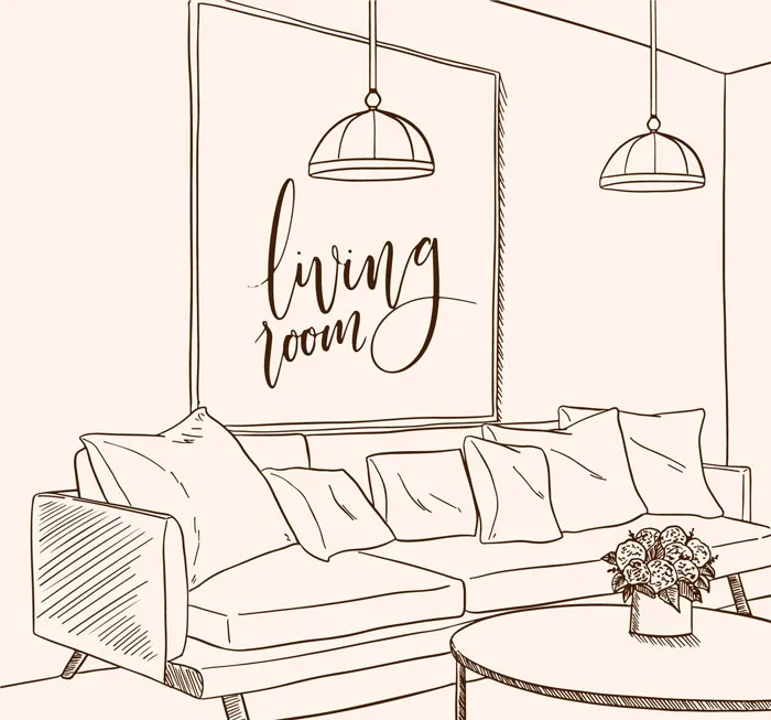 Line drawing of a living room with a sofa, cushions, and a coffee table, ideal for drawing prompts inspiration.