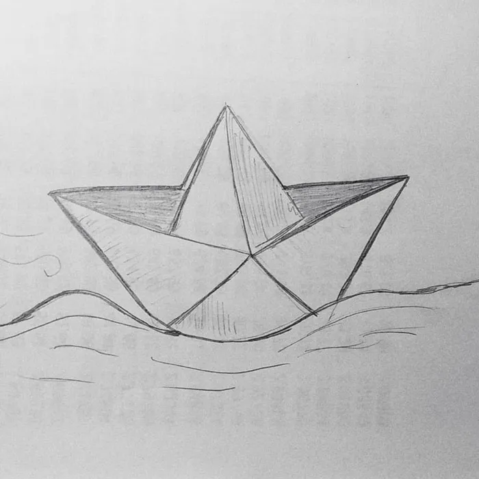 Simple pencil drawing of a paper boat floating on waves, featuring a creative prompt for drawing ideas.