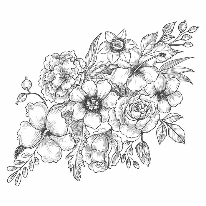Intricate floral drawing with various flowers and leaves, showcasing a creative idea for drawing prompts.