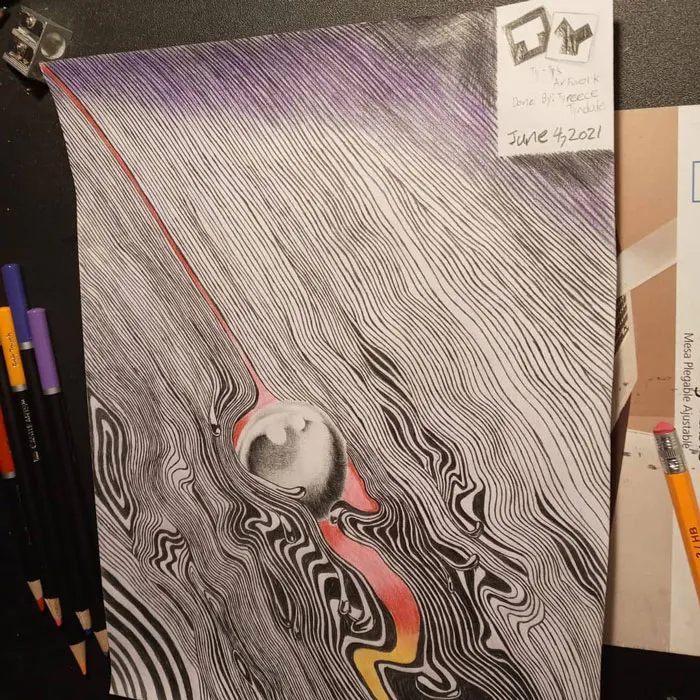 Abstract drawing with swirling lines and color accents, surrounded by pencils, showcasing creative drawing prompts.