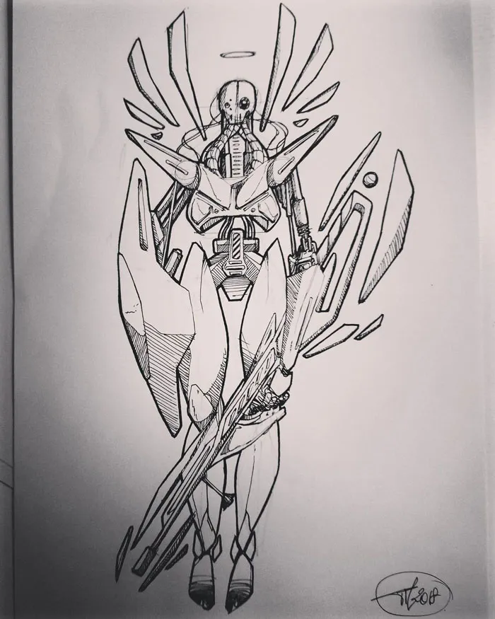 Futuristic robot design sketch, illustrating drawing prompts ideas.