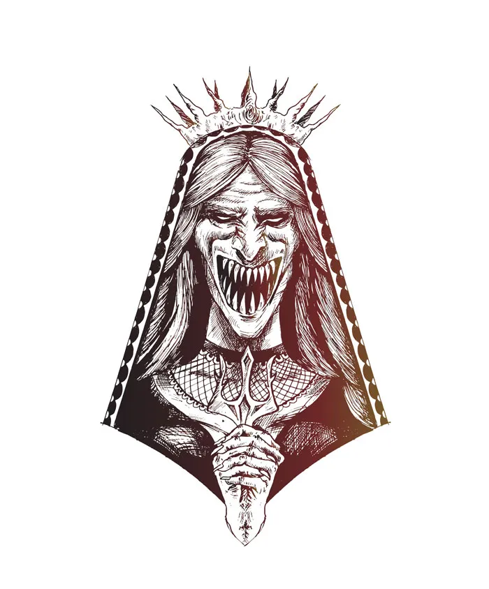 Scary queen drawing prompt with sharp teeth and crown, ideal for sparking creative ideas.