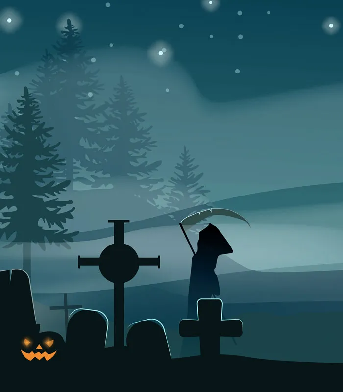 Grim reaper with scythe in a spooky graveyard under a starry sky, perfect for creative drawing prompts inspiration.