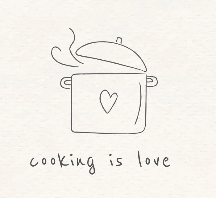 Drawing prompt: simple line art of a steaming pot with a heart and the phrase "cooking is love."