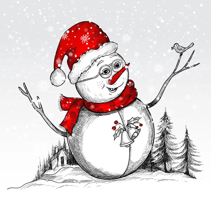 Snowman drawing with a red scarf and hat, holding a bird. Trees and snowflakes in the background. Drawing prompts inspiration.