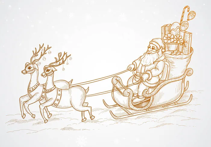 Santa in a sleigh led by two reindeer, carrying a bag of gifts, illustrating a festive drawing prompt concept.