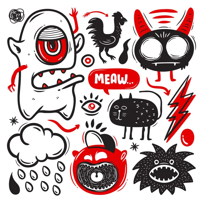 Playful drawing prompts with quirky creatures, a black cat, and doodles for creative inspiration.