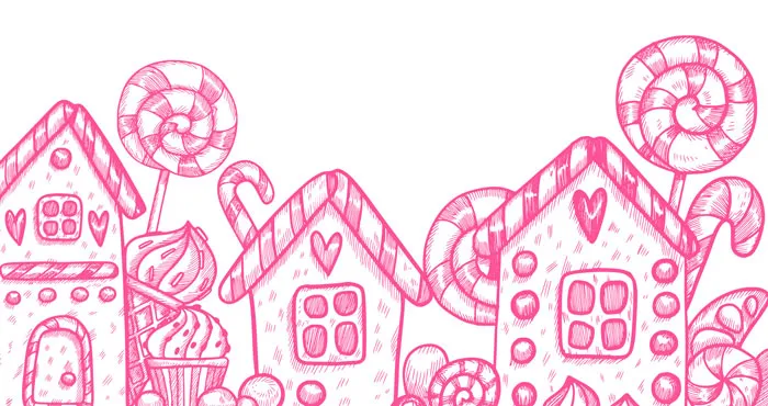 Whimsical drawing of candy-themed houses and lollipops in pink, perfect for creative drawing prompts inspiration.