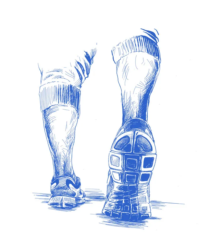 Sketch of a person's legs walking forward, with detailed shoe soles, illustrating drawing prompts.