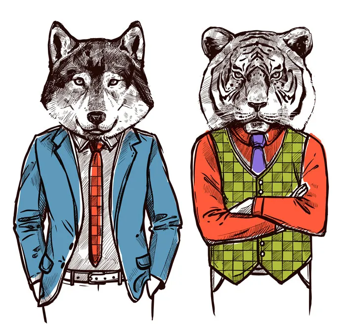 Animals in suits drawing with wolf and tiger as creative prompts for drawing ideas.