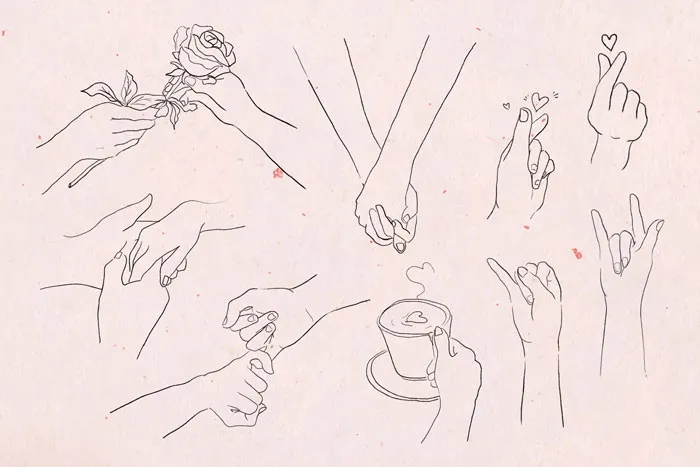 Line drawings of hands holding objects and making gestures, illustrating creative drawing prompts for inspiration.