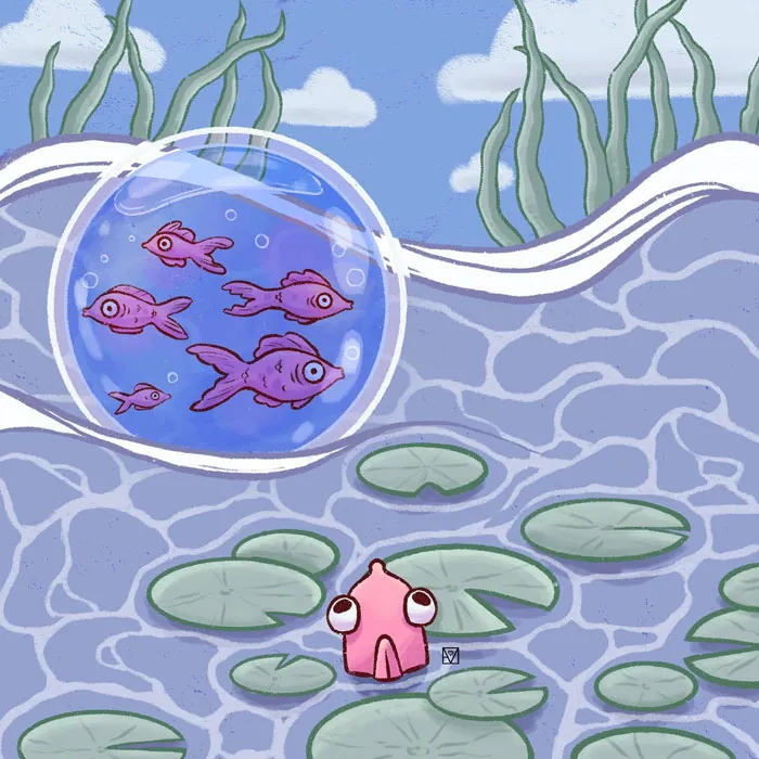 Cartoon fish exploring a pond with lily pads, surrounded by a bubble, illustrating creative drawing prompts.