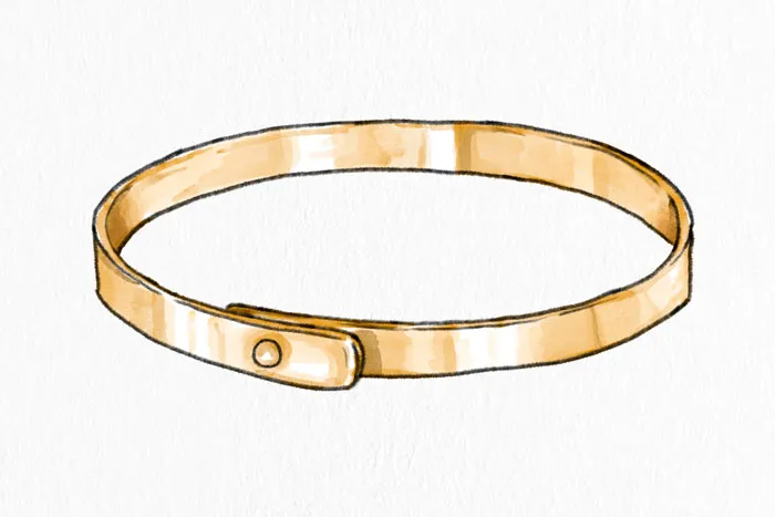 Drawing prompt illustration of a simple, circular, wooden bangle on a white background.