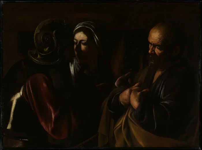 Historical portrait painting with three figures in dim lighting, emphasizing dramatic expression.