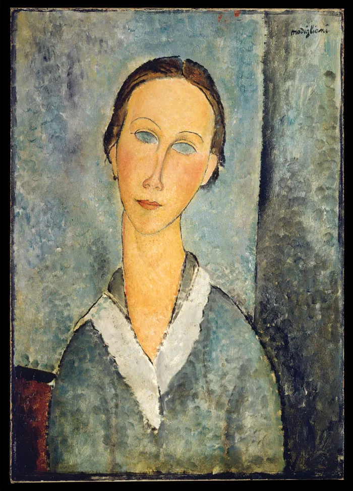 Portrait painting with historical significance, featuring a woman with closed eyes and elongated features, set against a textured background.