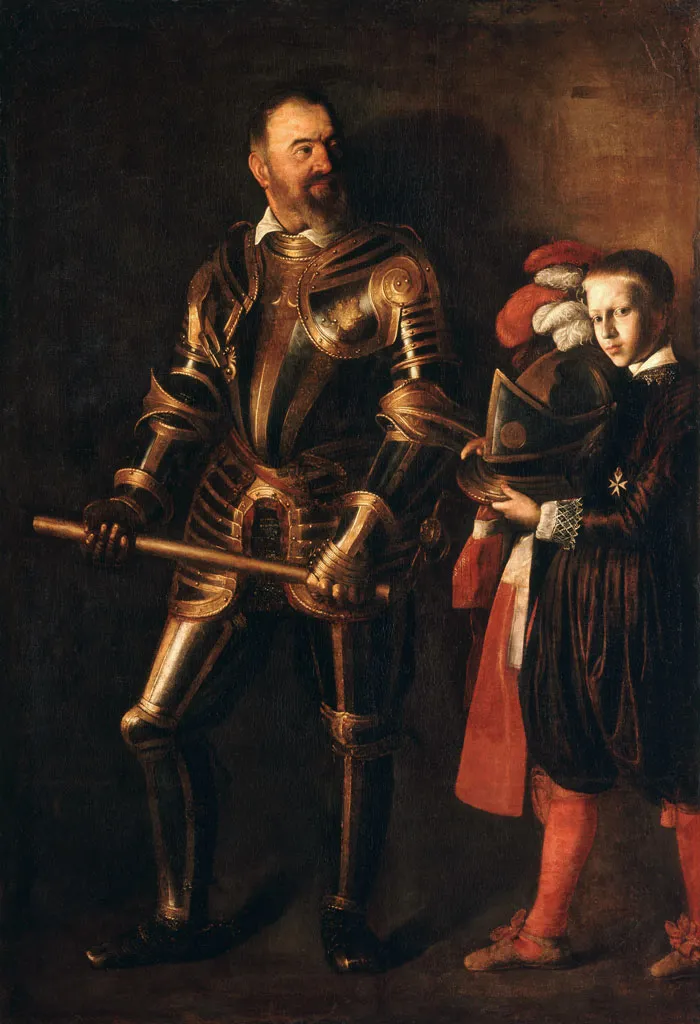 Portrait painting of a man in armor with a young attendant, conveying historical importance.