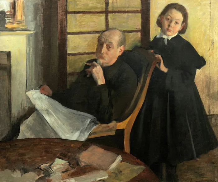 Portrait painting of a seated man reading, with a young girl standing behind, both in black clothing, in a dim room.