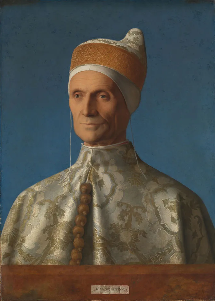 Historical portrait painting of a man in ornate attire and hat against a blue background.