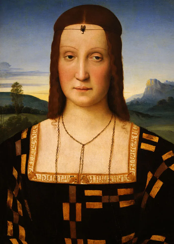 Portrait painting of a historical figure in a checkered black and gold dress, set against a scenic landscape background.