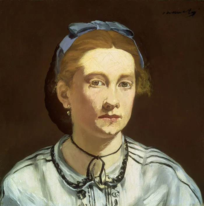 Portrait painting of a woman in historical attire with a blue ribbon in her hair, reflecting historical importance.