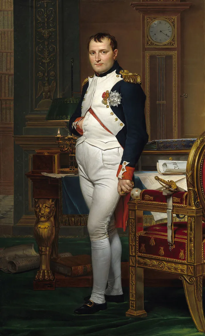Historical portrait painting of a military leader in regalia, standing by an ornate desk and clock.