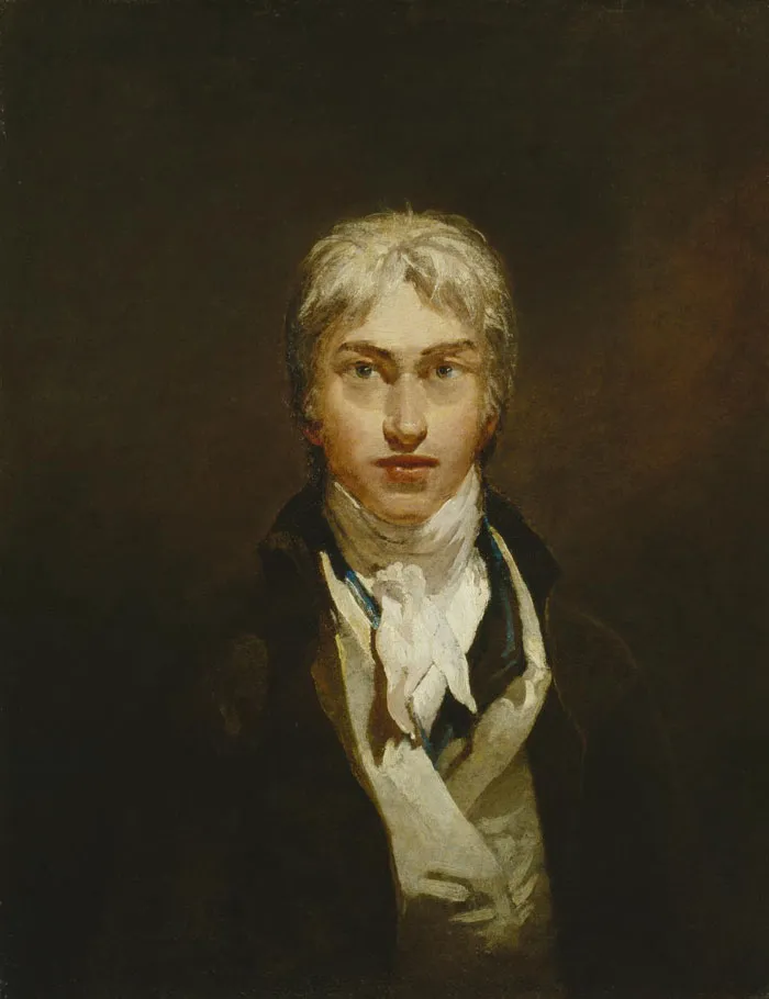Historical portrait painting of a young man with white hair and a dark coat, gazing forward, evoking a classical style.