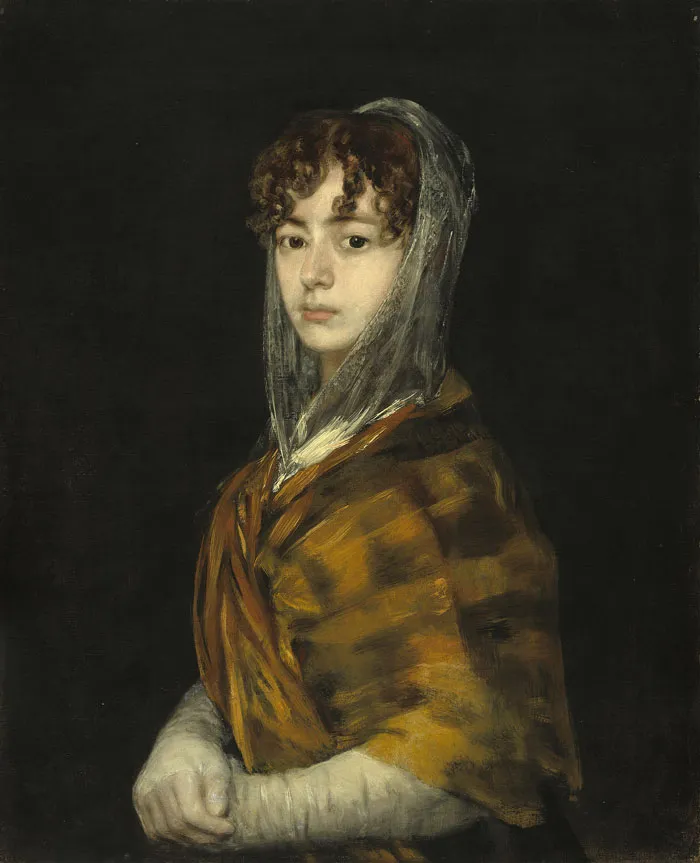 Historic portrait painting of a young woman in dark clothing, showcasing classic art style.