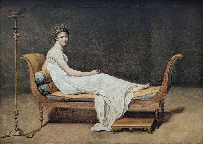 Portrait painting of a woman in a white dress reclining on a chaise longue, emphasizing historical importance.