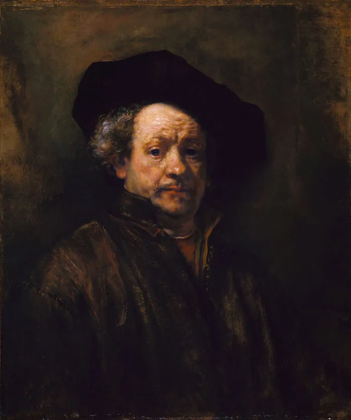 A famous historical portrait painting featuring a man with curly hair and a dark hat, set against a shadowy background.
