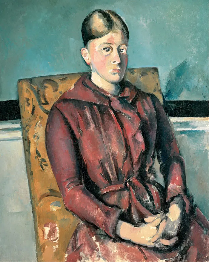 Portrait painting of a woman in a red dress seated against a patterned chair, showcasing historical importance.