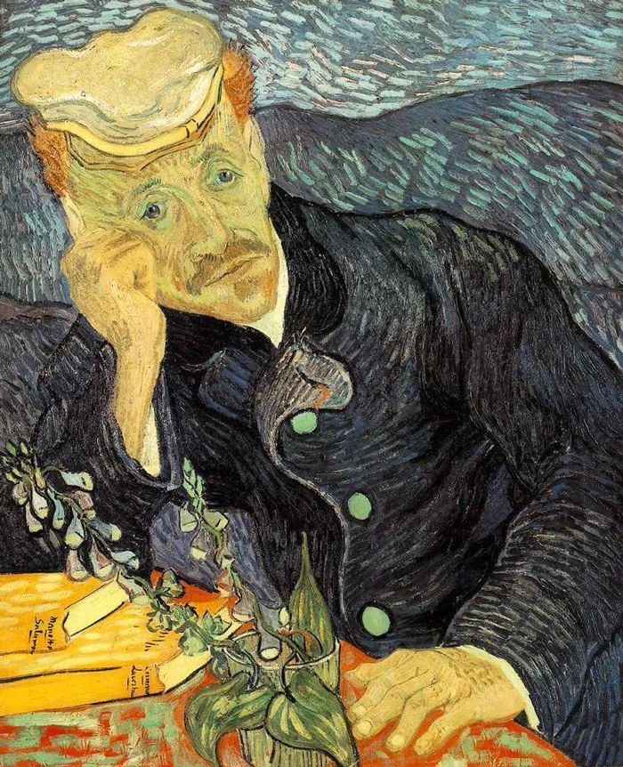 Portrait painting of a man with a cap resting his head on his hand, featuring prominent brushstrokes and expressive colors.