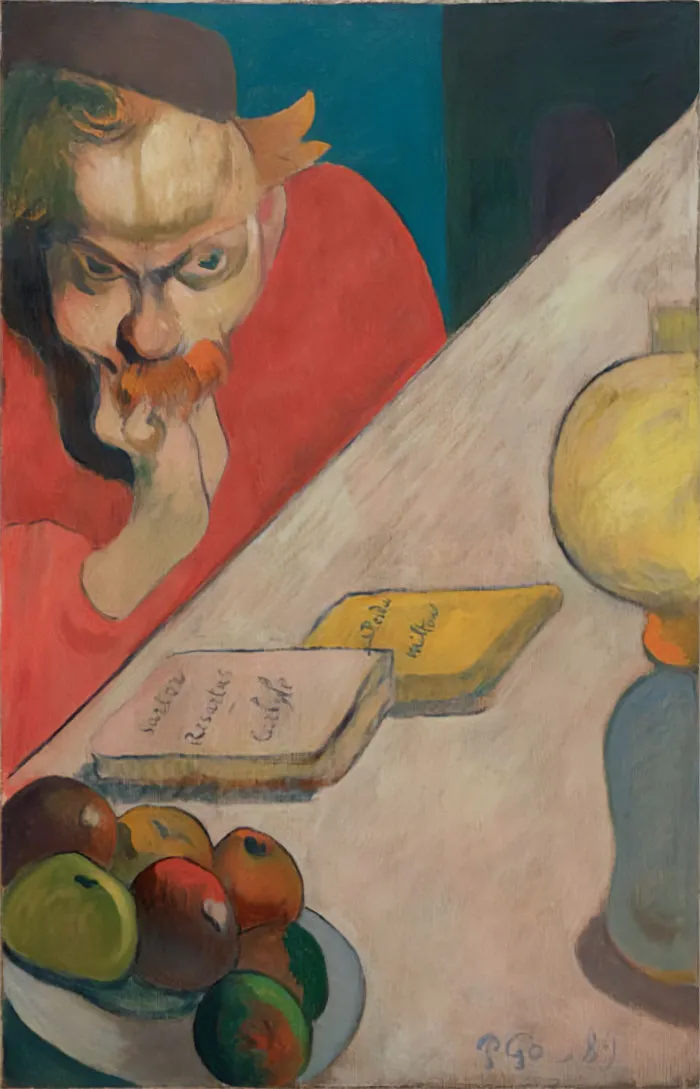 A historical painting of a thoughtful man with books and fruit on a table.