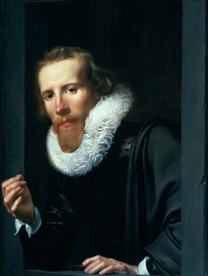 Portrait painting featuring a man with a ruffled collar, holding a small object, significant in art history.