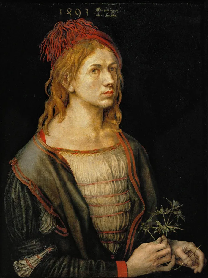 Famous portrait painting of a Renaissance figure holding a plant, wearing a red hat and ornate clothing.