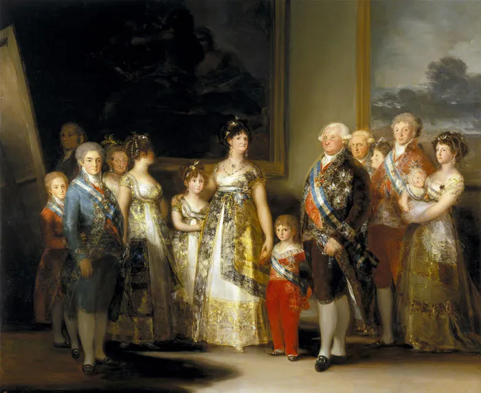 A royal family portrait painting showcasing historical significance with detailed attire and regal poses.