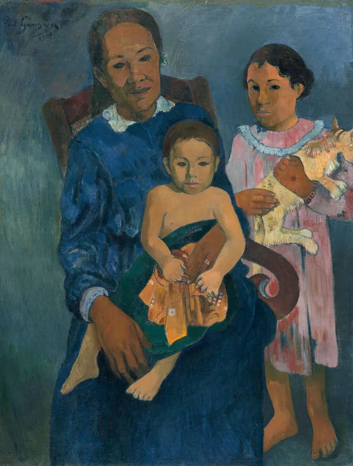 Portrait painting of a woman with two children; one child holds a cat, showcasing historical importance in art.