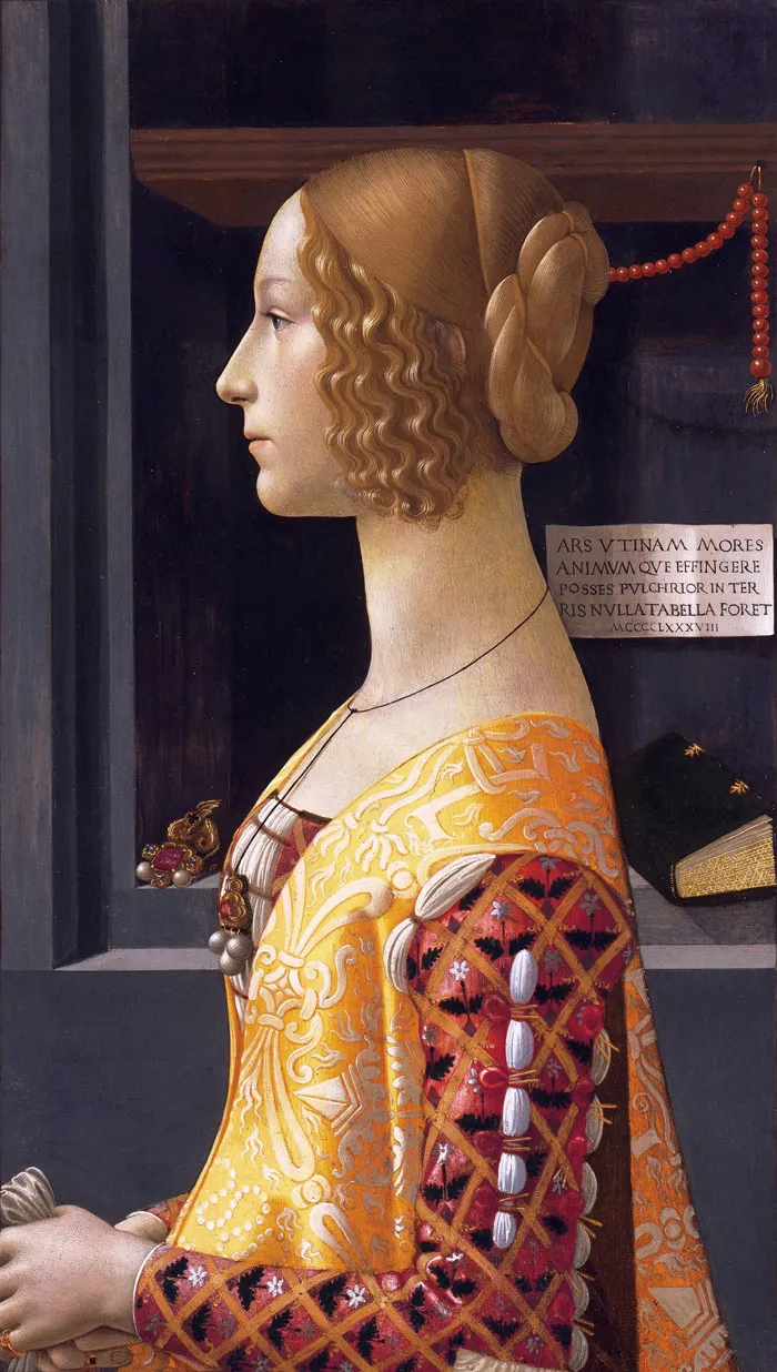 Portrait painting of a woman in profile with elaborate hairstyle and ornate clothing, highlighting historical significance.