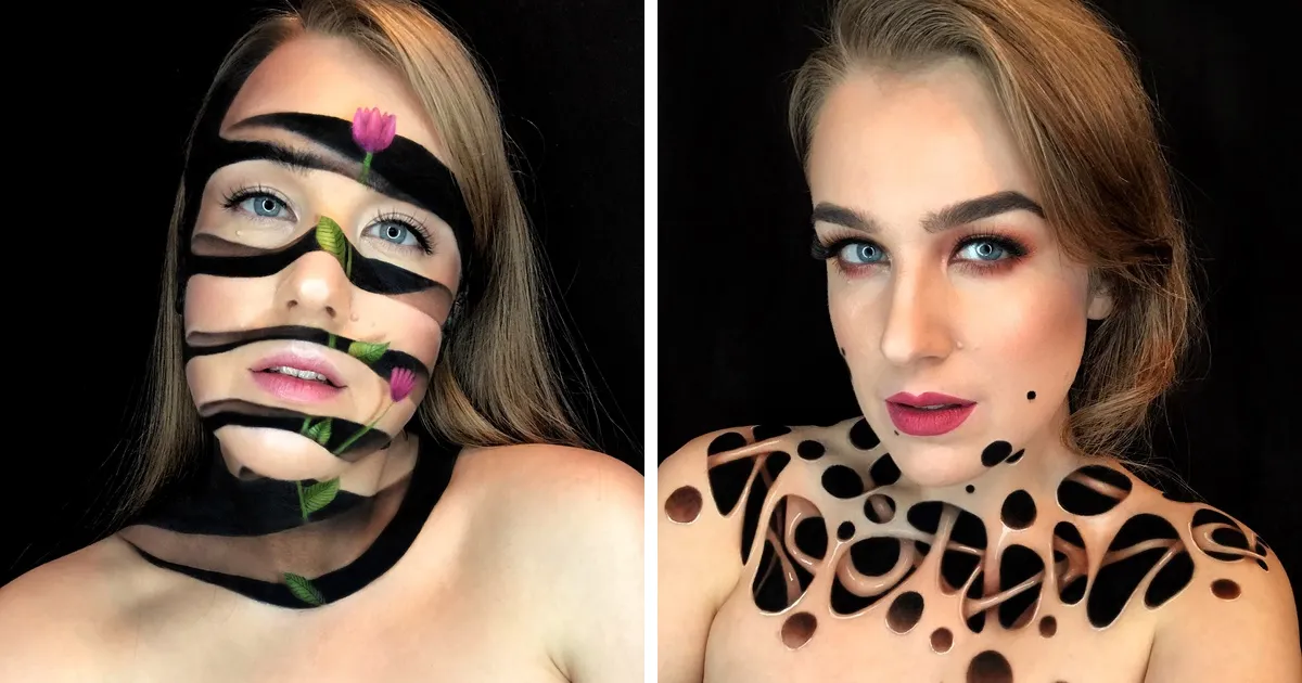 Mi cuerpo y rostro son el lienzo en el que creo ilusiones ópticas tan únicas como aterradoras, solo usando maquillaje (18 fotos)