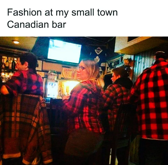 People in plaid shirts at a small-town Canadian bar, illustrating life in Canada with a humorous touch.