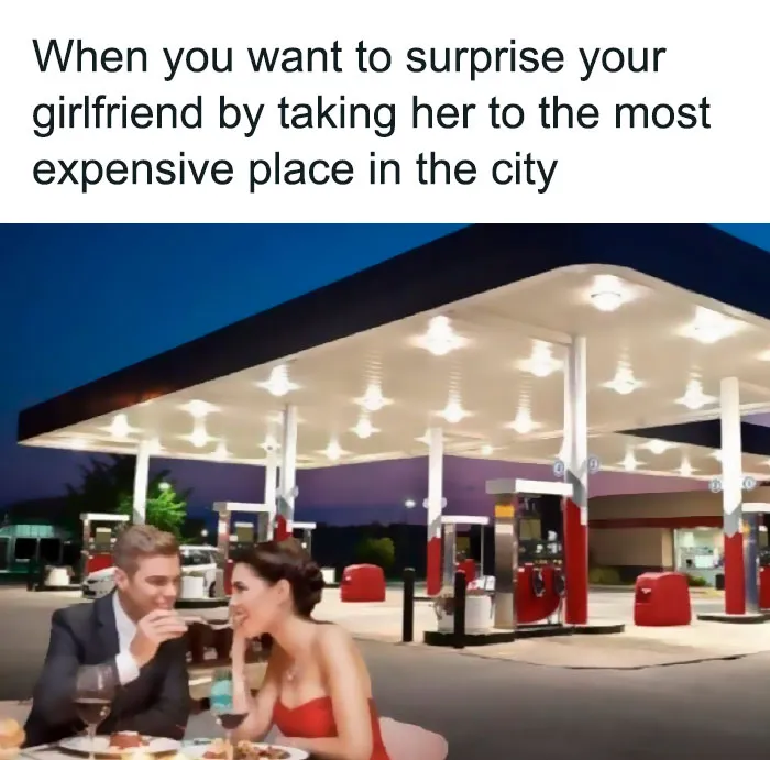 Couple dining at a gas station, humorously highlighting Canadian life in a meme.