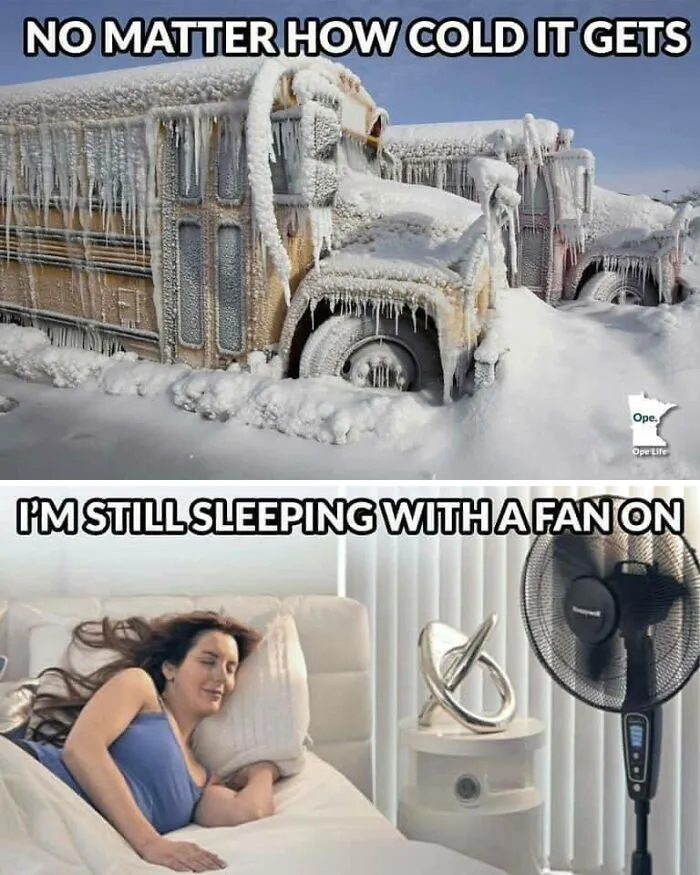 Canadian life meme with frozen buses and a woman sleeping with a fan on.