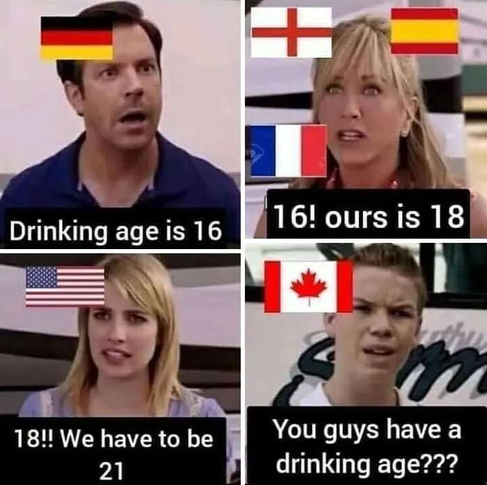 Meme with people discussing different drinking ages, highlighting life in Canada humorously.